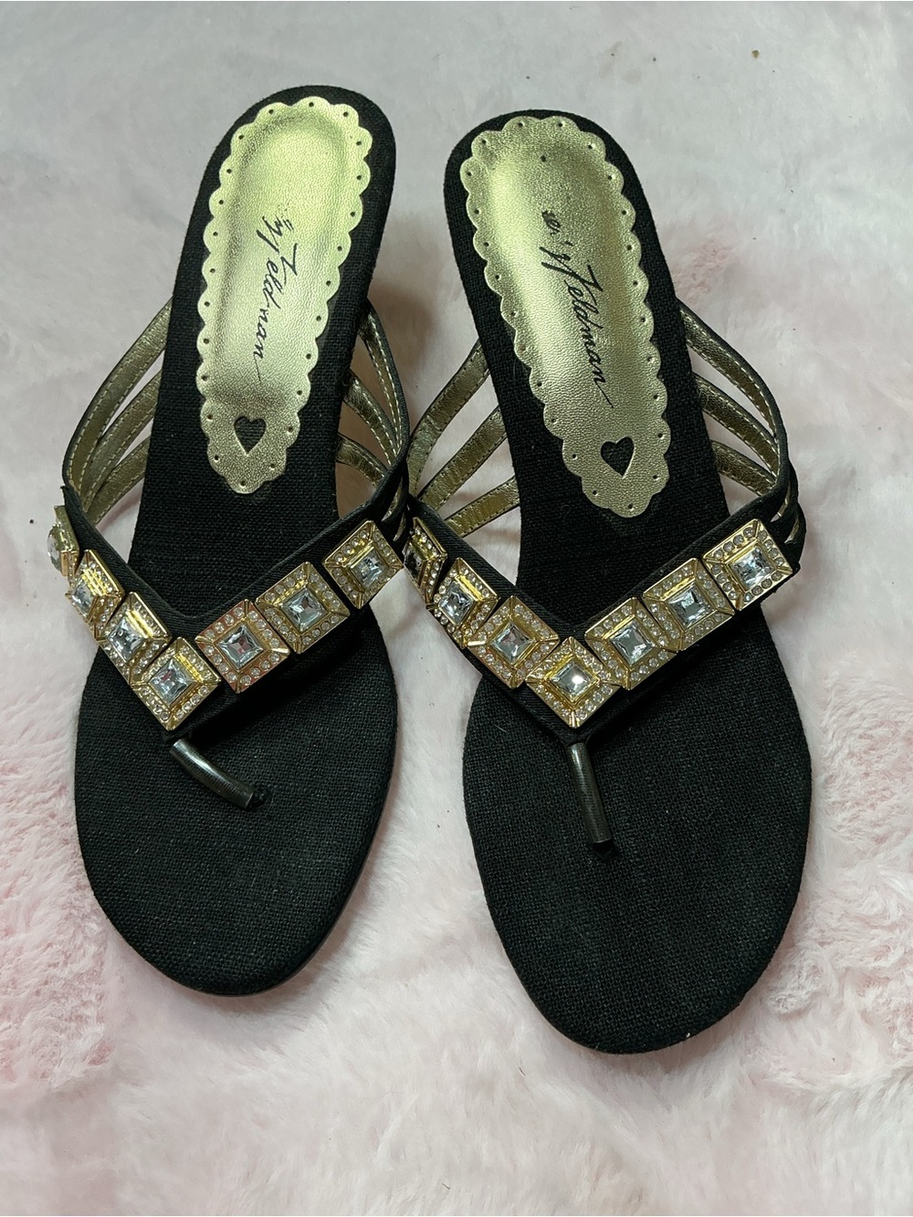 Beverly Feldman Black Sandal with Gold Jewel Accents b109